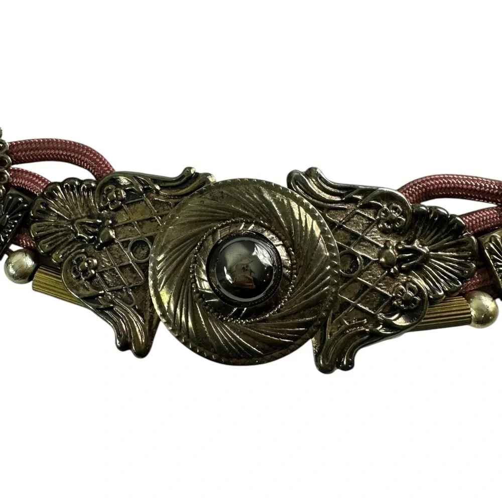 Bronzed Medallion Beaded Salmon Pink Braided Rope Cord Belt Western Boho